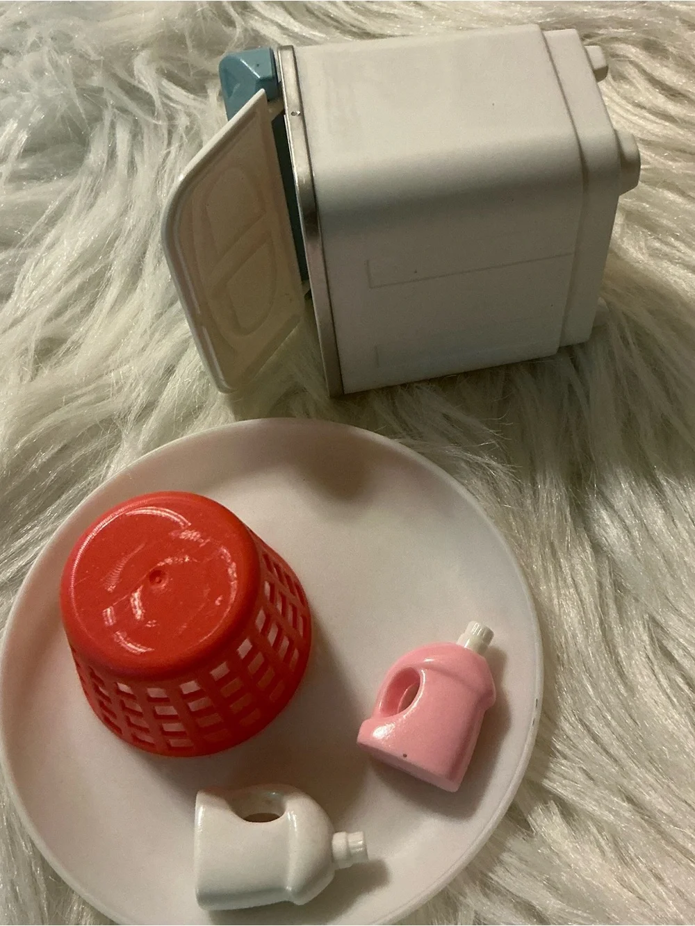 Miniature Toy Washer Set with Red Laundry Basket and Pink/White Detergent